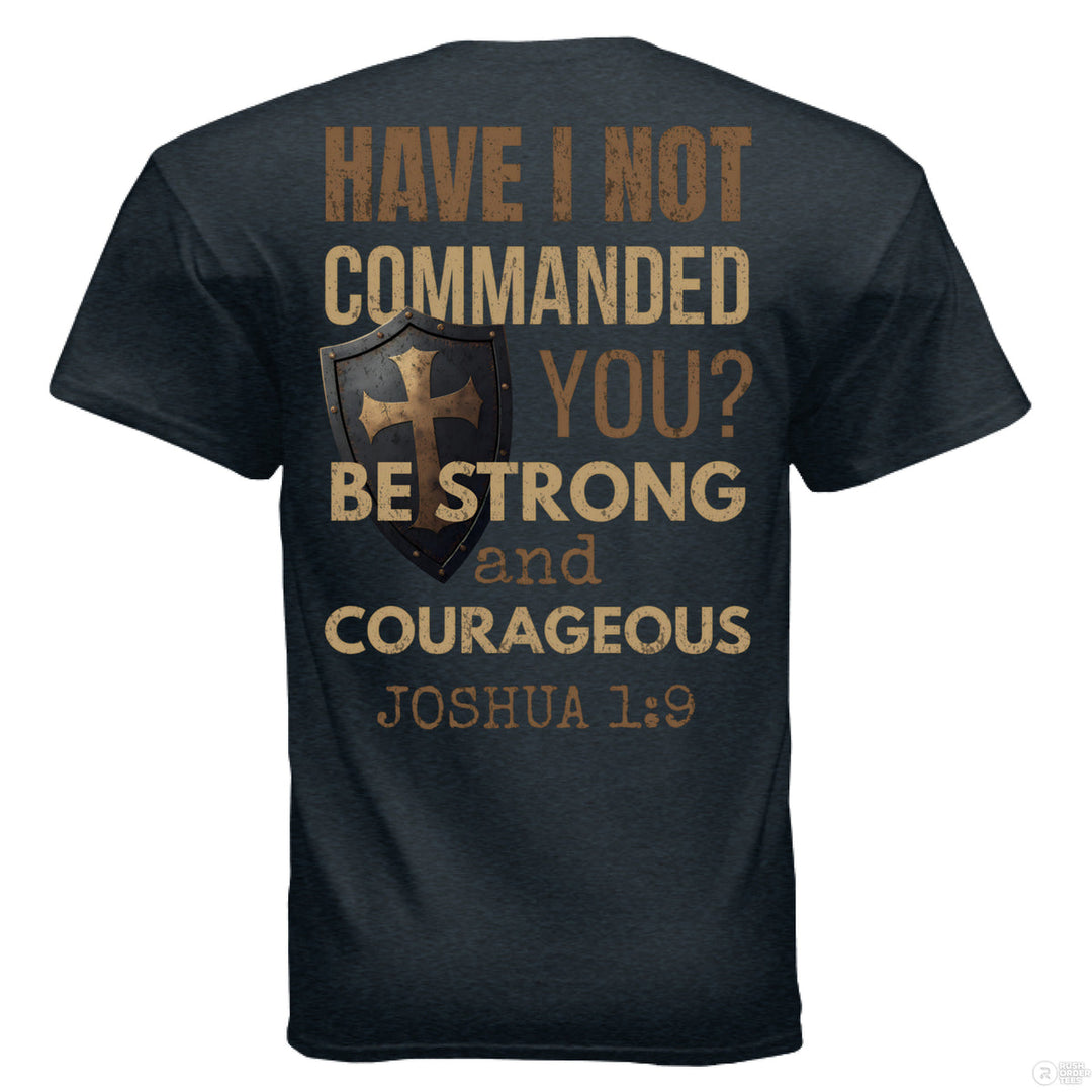 Midnight Christian t-shirt with shield and cross graphic on the front pocket and full back text from Joshua 1:9 reading ‘Be strong and courageous’