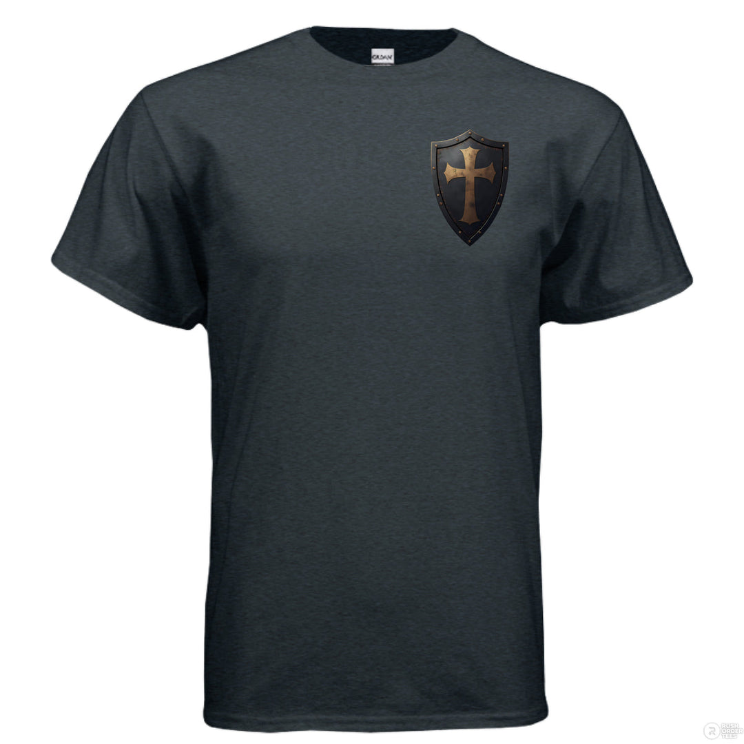 Midnight Christian t-shirt with shield and cross graphic on the front pocket and full back text from Joshua 1:9 reading ‘Be strong and courageous’