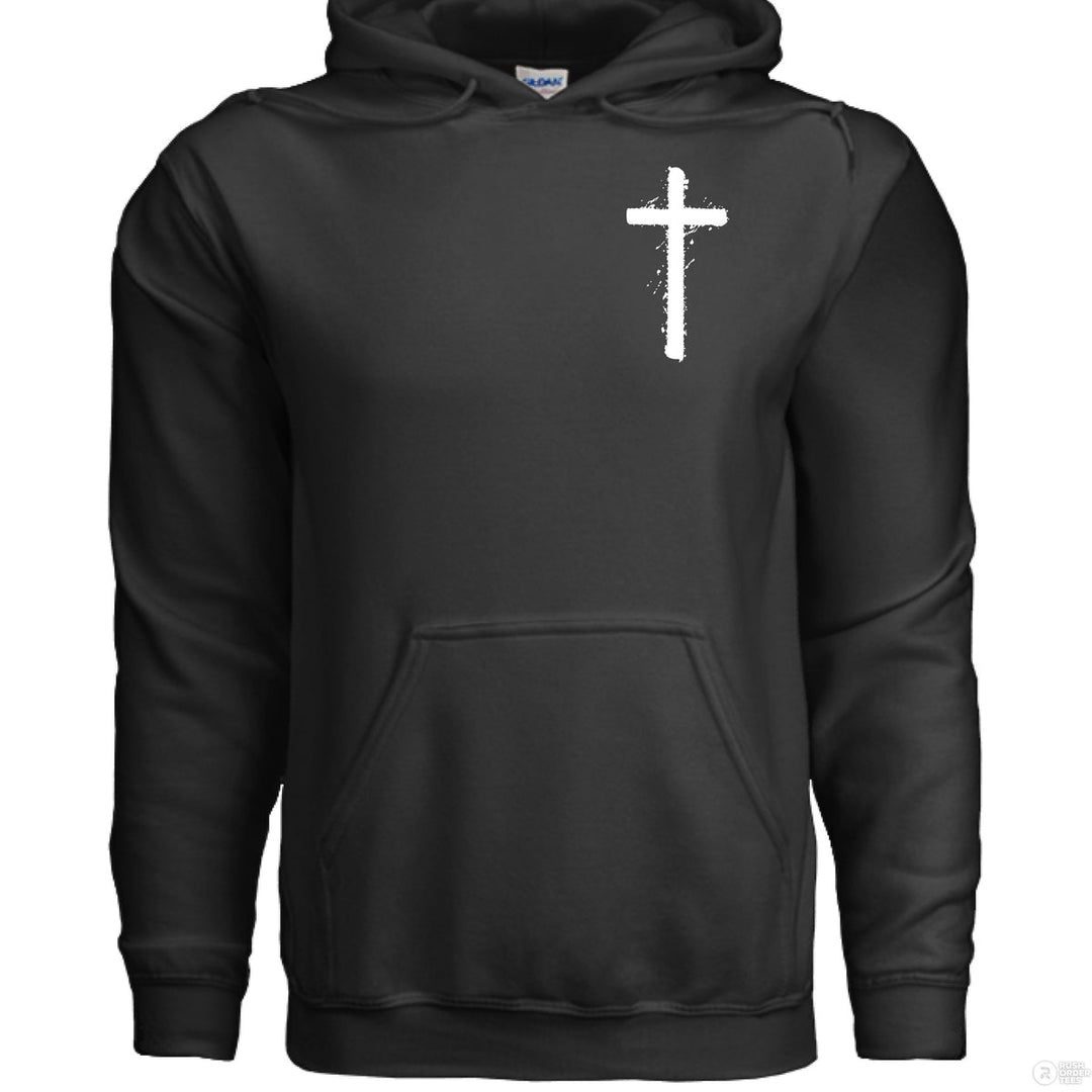 Black Christian hoodie with front spray-paint cross and bold back graffiti-style text reading ‘Jesus is King’ with crown design