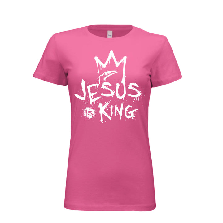 Berry women’s fitted t-shirt with bold white graffiti-style design reading “Jesus Is King” under a crown. Urban faith statement piece.