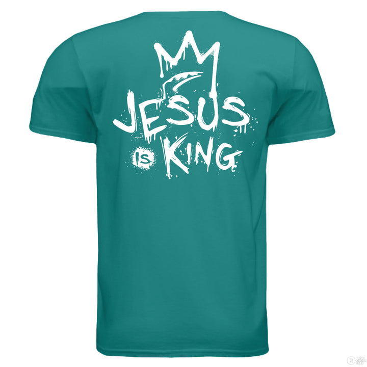 Jade dome Christian t-shirt with front spray-paint cross and bold back graffiti-style text reading ‘Jesus is King’ with crown design