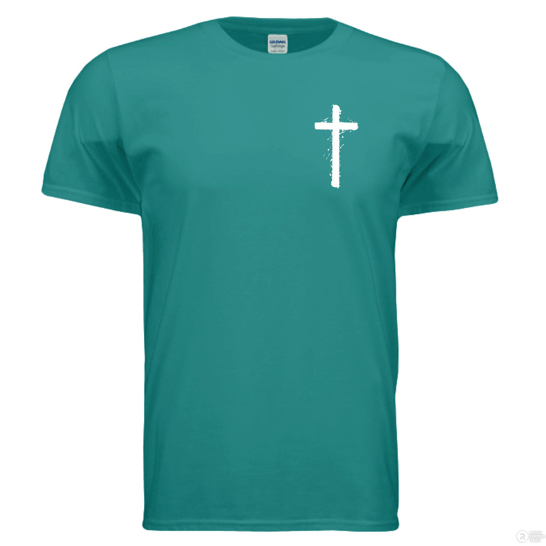 Jade dome Christian t-shirt with front spray-paint cross and bold back graffiti-style text reading ‘Jesus is King’ with crown design