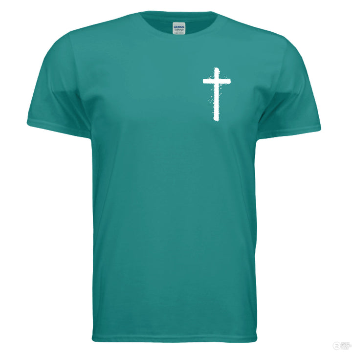 Jade dome Christian t-shirt with front spray-paint cross and bold back graffiti-style text reading ‘Jesus is King’ with crown design