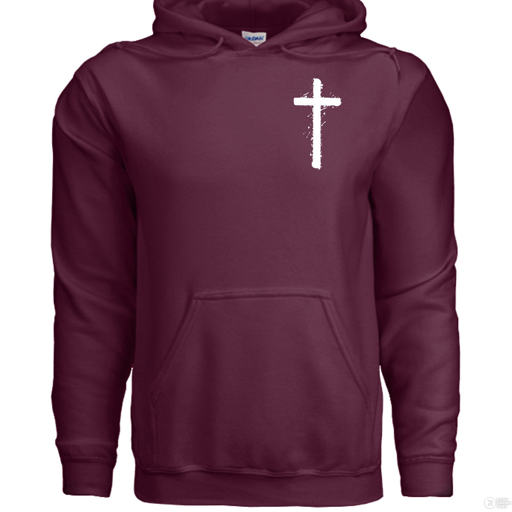 Maroon Christian hoodie with front spray-paint cross and bold back graffiti-style text reading ‘Jesus is King’ with crown design