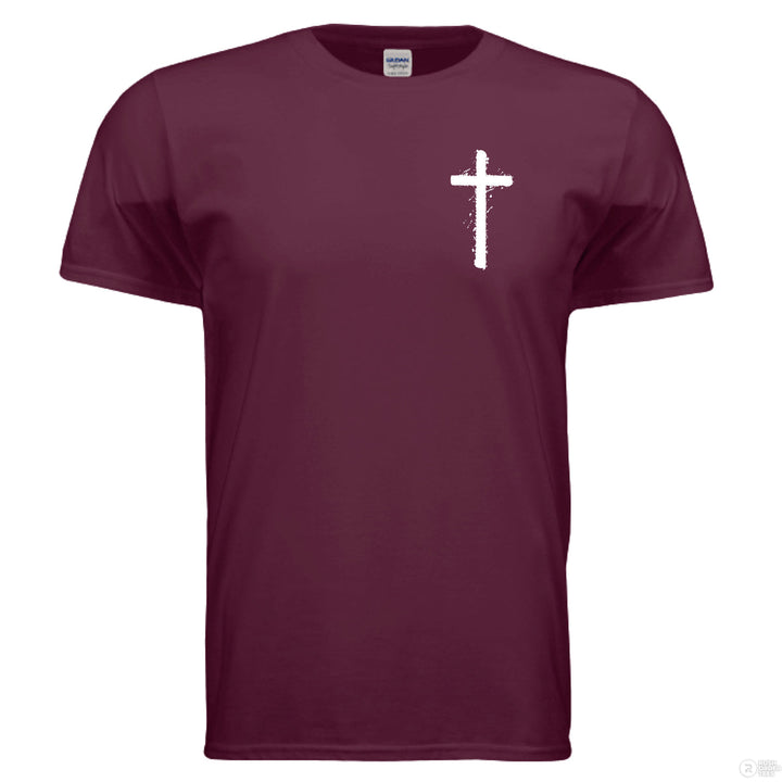 Maroon Christian t-shirt with front spray-paint cross and bold back graffiti-style text reading ‘Jesus is King’ with crown design