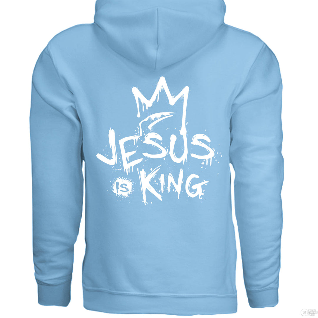 Sky Christian hoodie with front spray-paint cross and bold back graffiti-style text reading ‘Jesus is King’ with crown design