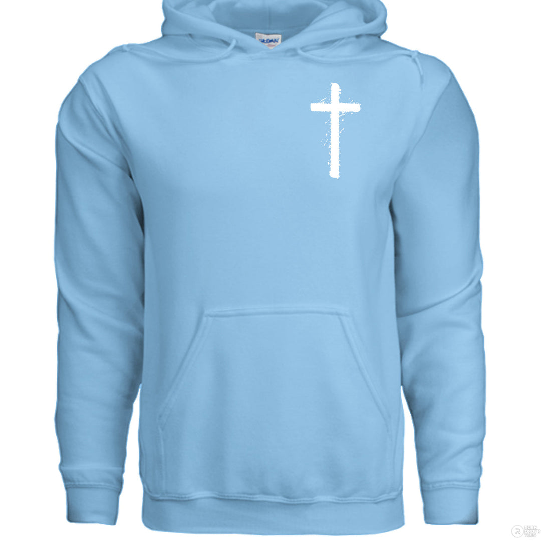Sky Christian hoodie with front spray-paint cross and bold back graffiti-style text reading ‘Jesus is King’ with crown design