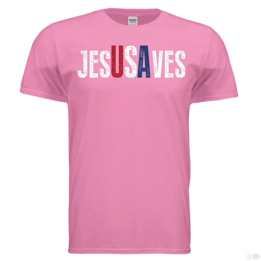 Azalea Christian t-shirt with bold distressed text ‘JESUS SAVES,’ with the letters ‘USA’ highlighted in red, white, and blue for a patriotic message