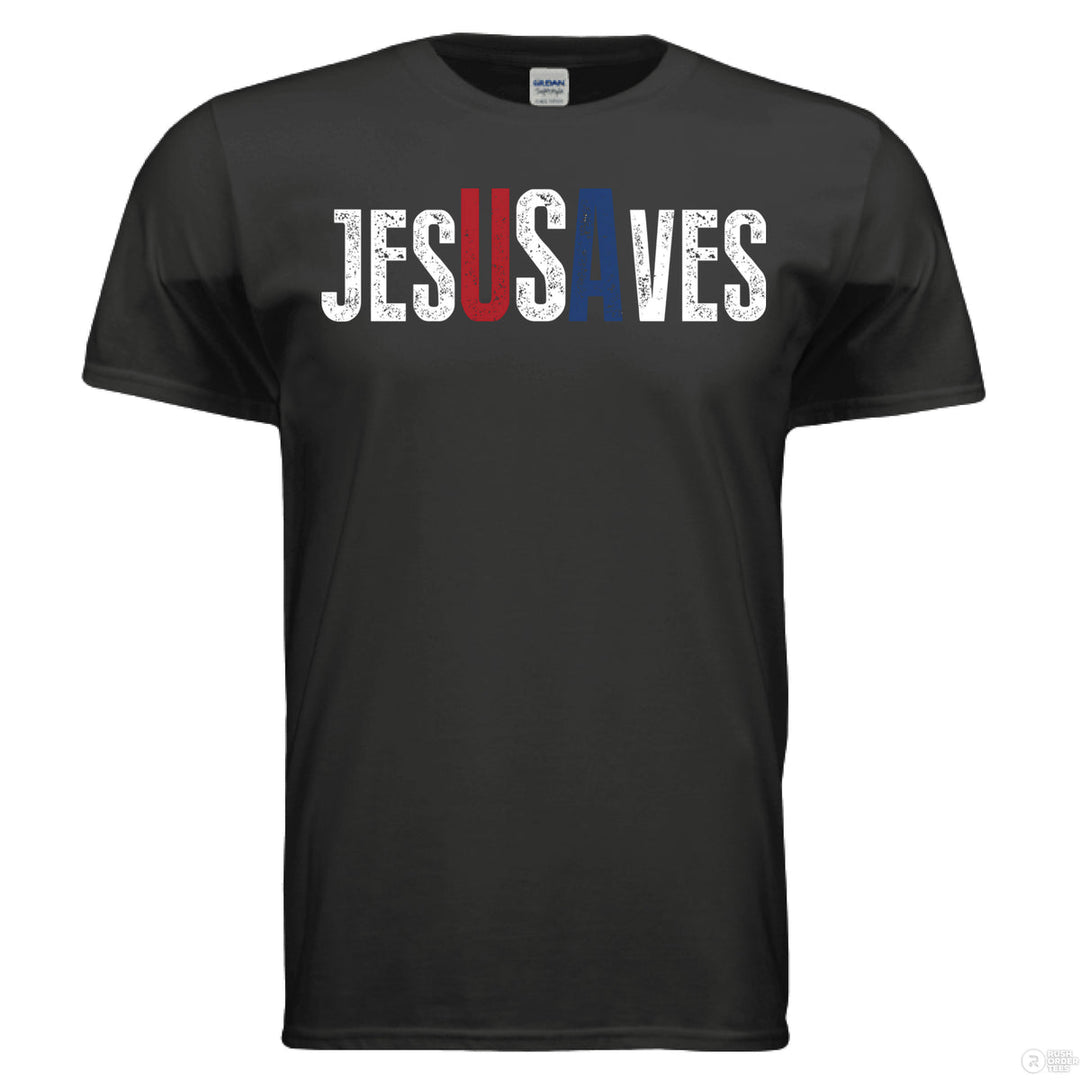 Black Christian t-shirt with bold distressed text ‘JESUS SAVES,’ with the letters ‘USA’ highlighted in red, white, and blue for a patriotic message