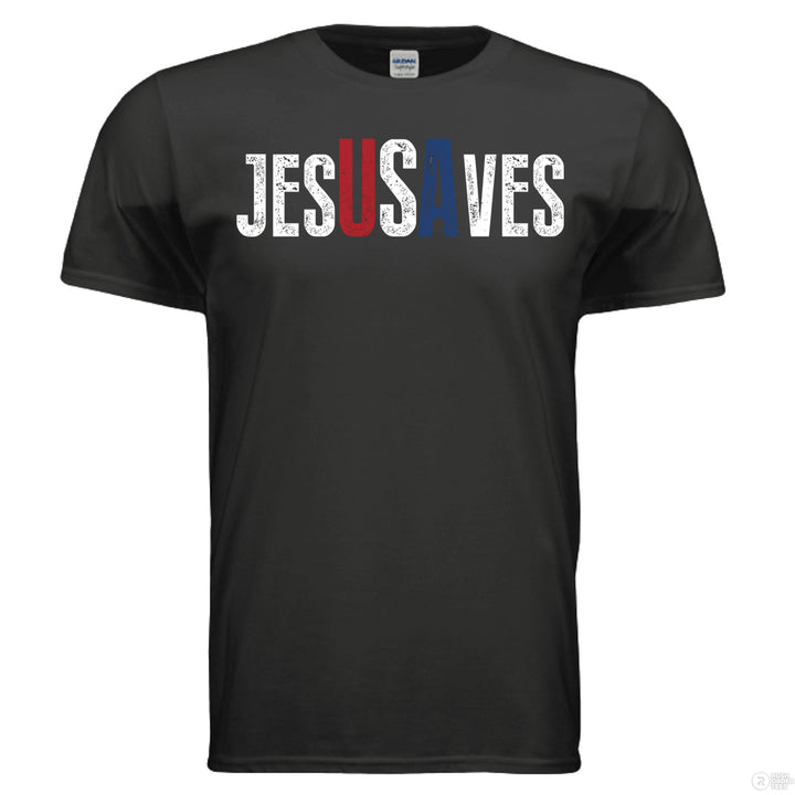 Black Christian t-shirt with bold distressed text ‘JESUS SAVES,’ with the letters ‘USA’ highlighted in red, white, and blue for a patriotic message