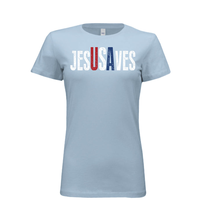 Women's blue tee with distressed white "Jesus Saves" text, highlighting "USA" in bold red, white, & blue—perfect for faith and patriotism combined.