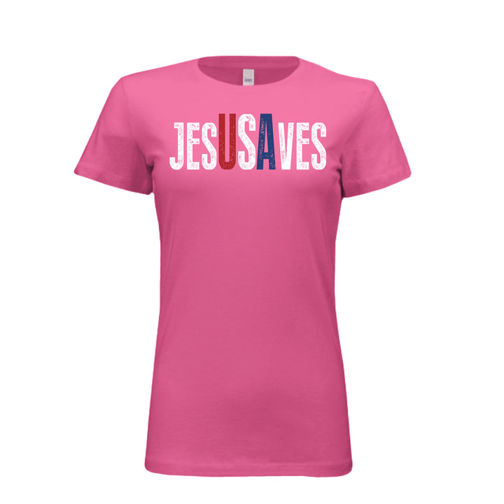 Women's berry tee with distressed white "Jesus Saves" text, highlighting "USA" in bold red, white, and blue—perfect for faith and patriotism combined.