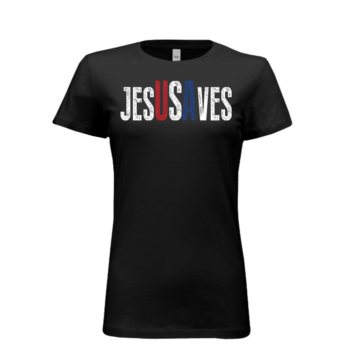 Women's black tee with distressed white "Jesus Saves" text, highlighting "USA" in bold red, white, and blue—perfect for faith and patriotism combined.