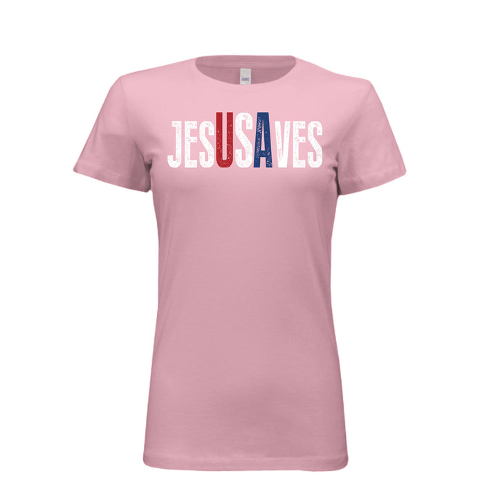 Women's pink tee with distressed white "Jesus Saves" text, highlighting "USA" in bold red, white, and blue—perfect for faith and patriotism combined.