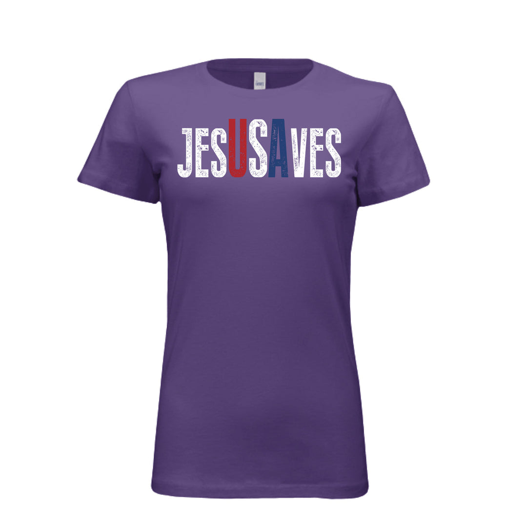 Women's purple tee with distressed white "Jesus Saves" text, highlighting "USA" in bold red, white, and blue—perfect for faith and patriotism combined.