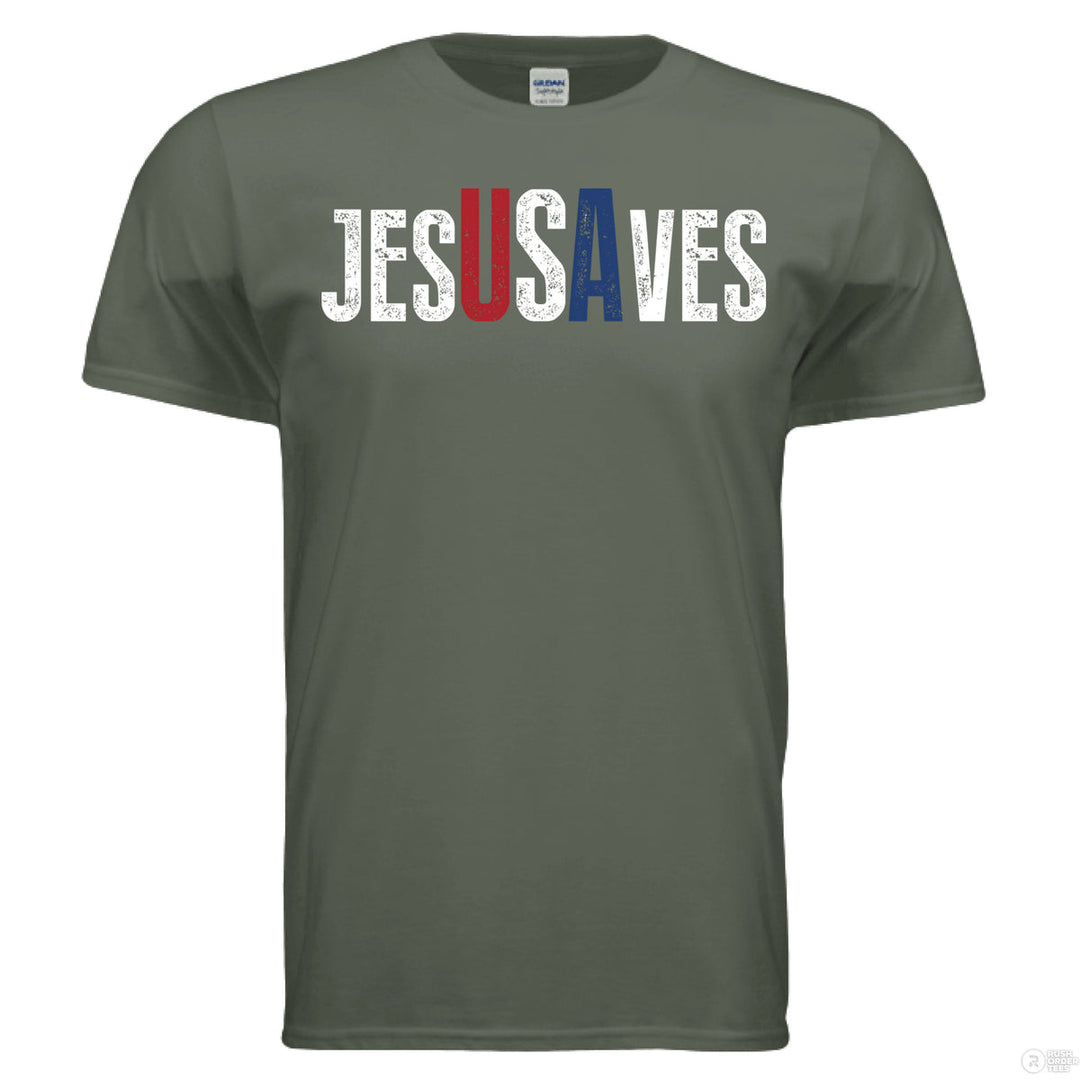 Military green Christian t-shirt with bold distressed text ‘JESUS SAVES,’ with the letters ‘USA’ highlighted in red, white, and blue for a patriotic message