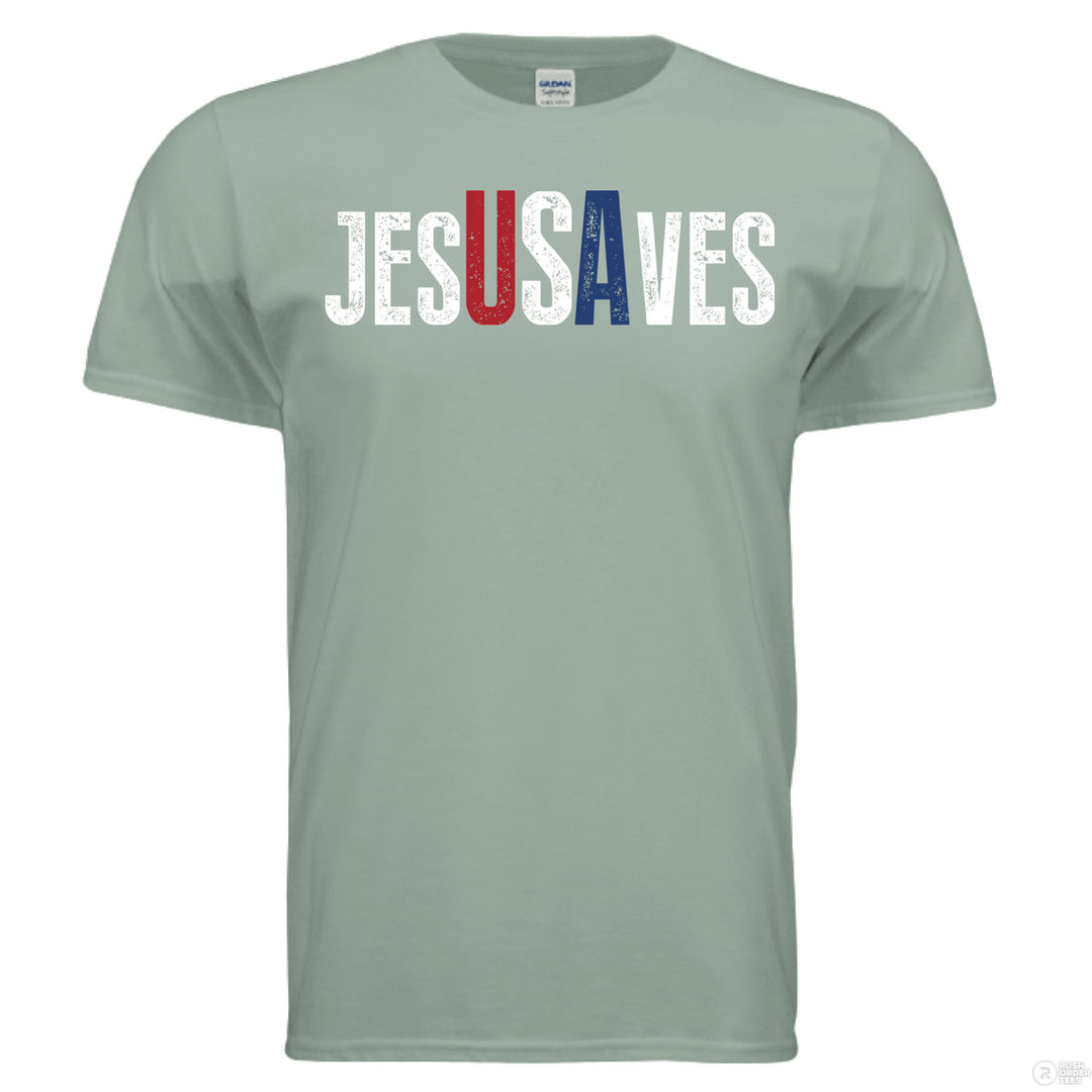 Sage Christian t-shirt with bold distressed text ‘JESUS SAVES,’ with the letters ‘USA’ highlighted in red, white, and blue for a patriotic message