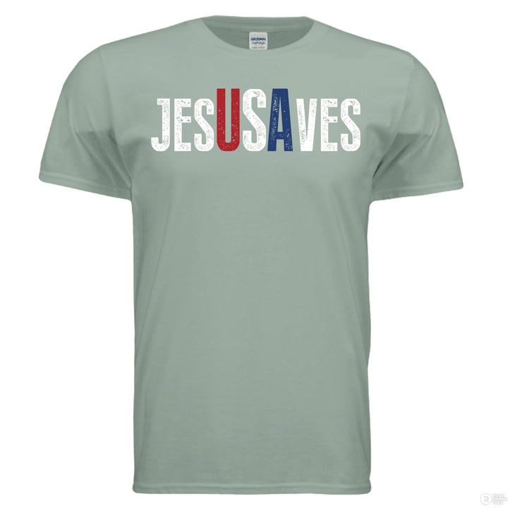 Sage Christian t-shirt with bold distressed text ‘JESUS SAVES,’ with the letters ‘USA’ highlighted in red, white, and blue for a patriotic message