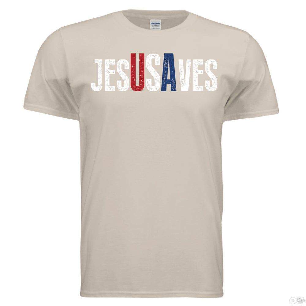 Sand Christian t-shirt with bold distressed text ‘JESUS SAVES,’ with the letters ‘USA’ highlighted in red, white, and blue for a patriotic message