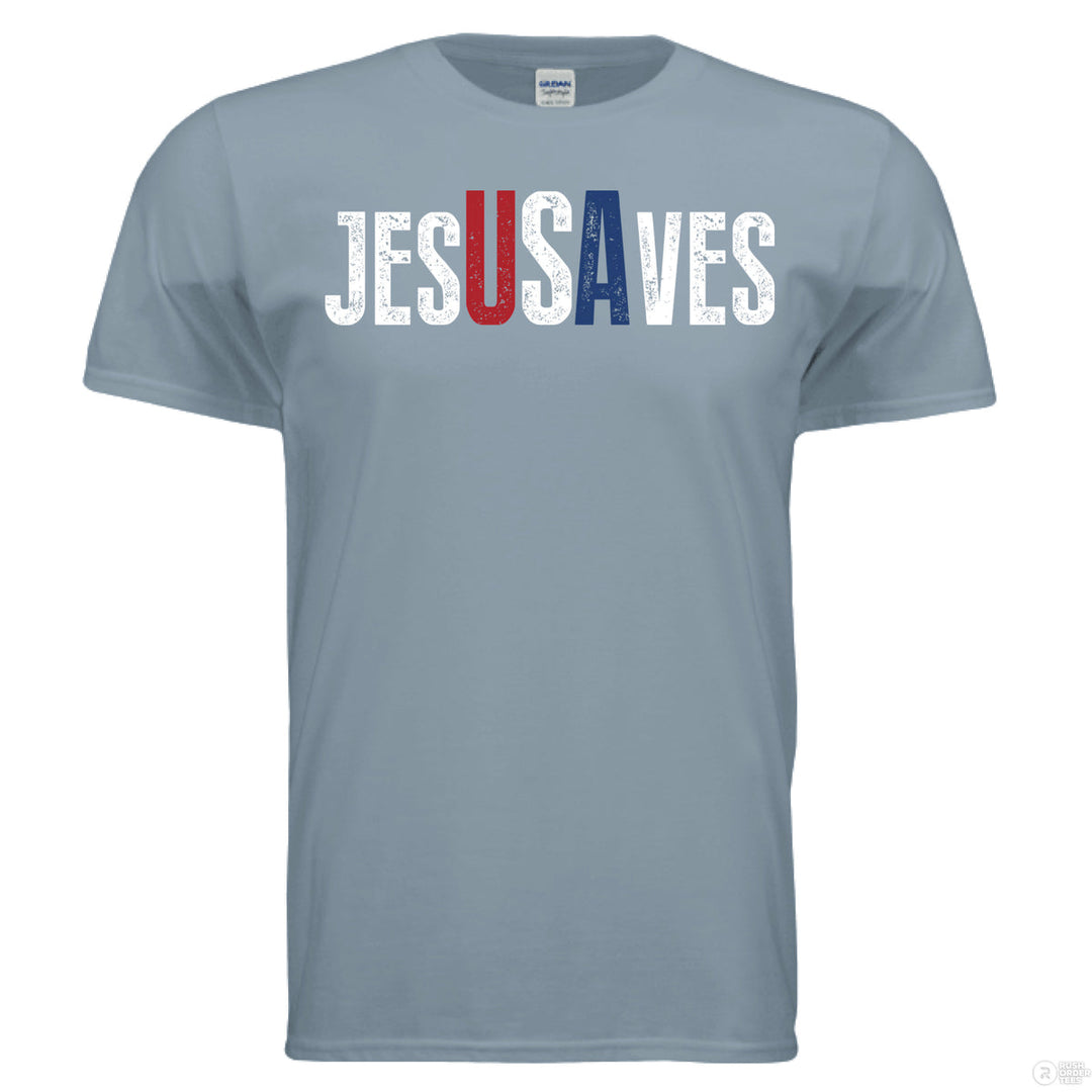 Stone blue Christian t-shirt with bold distressed text ‘JESUS SAVES,’ with the letters ‘USA’ highlighted in red, white, and blue for a patriotic message