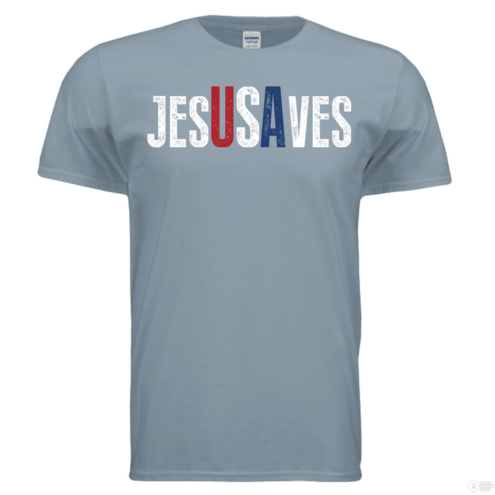 Stone blue Christian t-shirt with bold distressed text ‘JESUS SAVES,’ with the letters ‘USA’ highlighted in red, white, and blue for a patriotic message