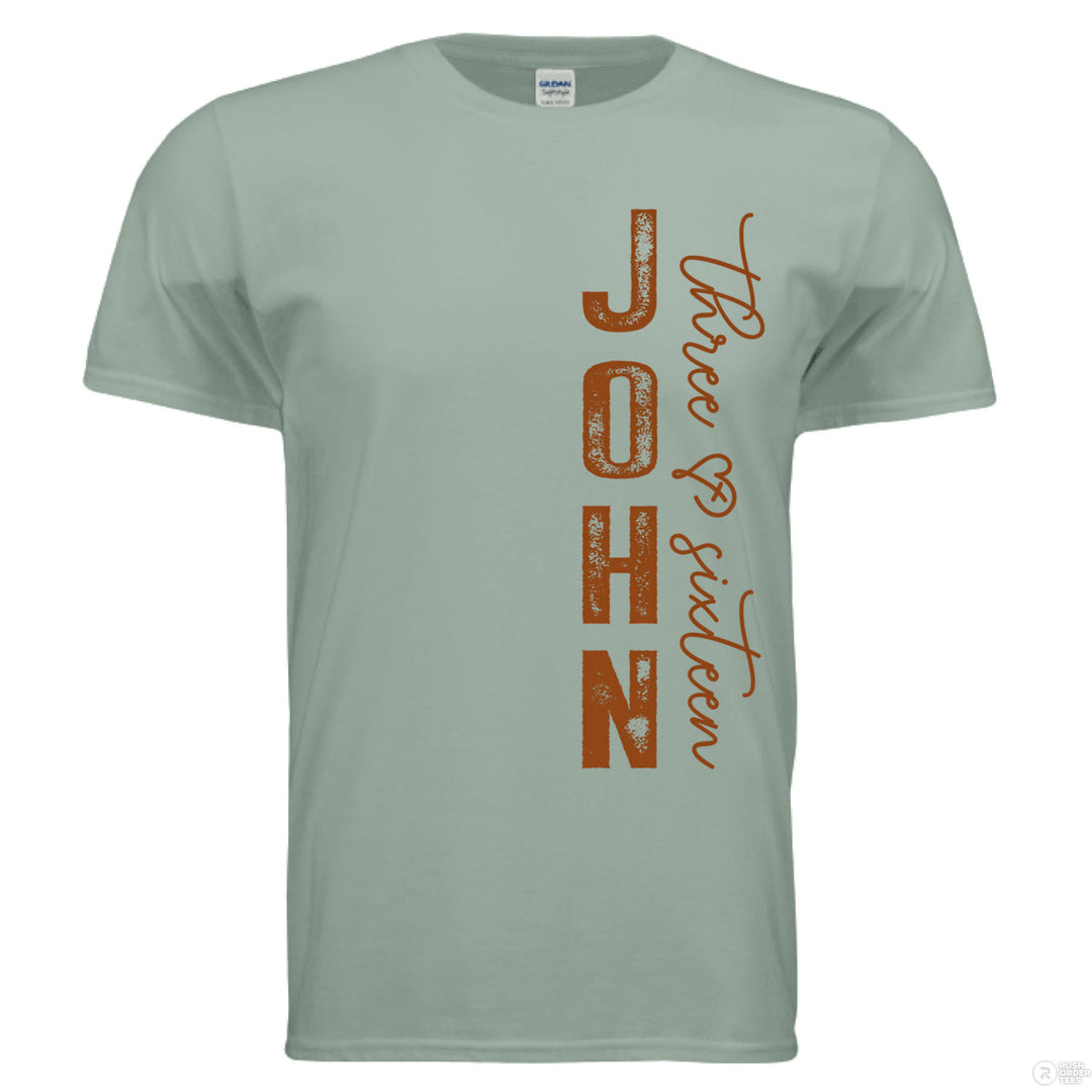Vertical “John 3:16” on front; full verse on back in distressed text: “For God so loved the world...” with heart-cross graphic under the word “eternal.”