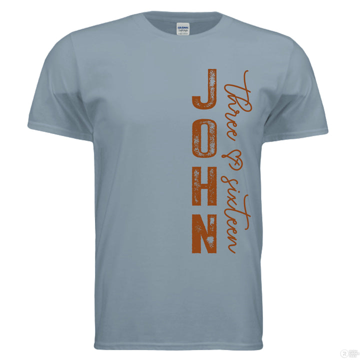 Vertical “John 3:16” on front; full verse on back in distressed text: “For God so loved the world...” with heart-cross graphic under the word “eternal.”