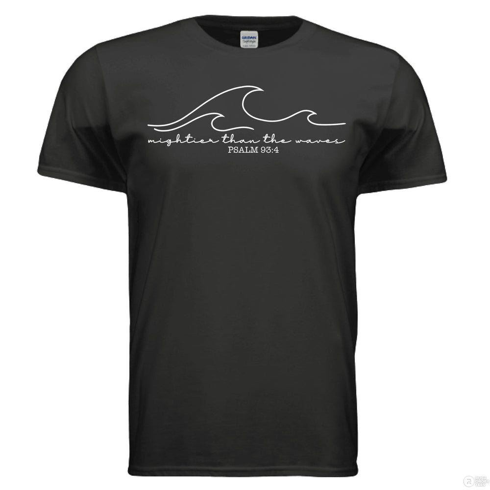 Black shirt with minimalist white wave graphic and Psalm 93:4 verse reading “Mightier than the waves” in handwritten script.