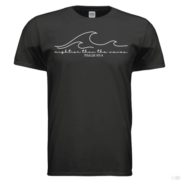 Black shirt with minimalist white wave graphic and Psalm 93:4 verse reading “Mightier than the waves” in handwritten script.