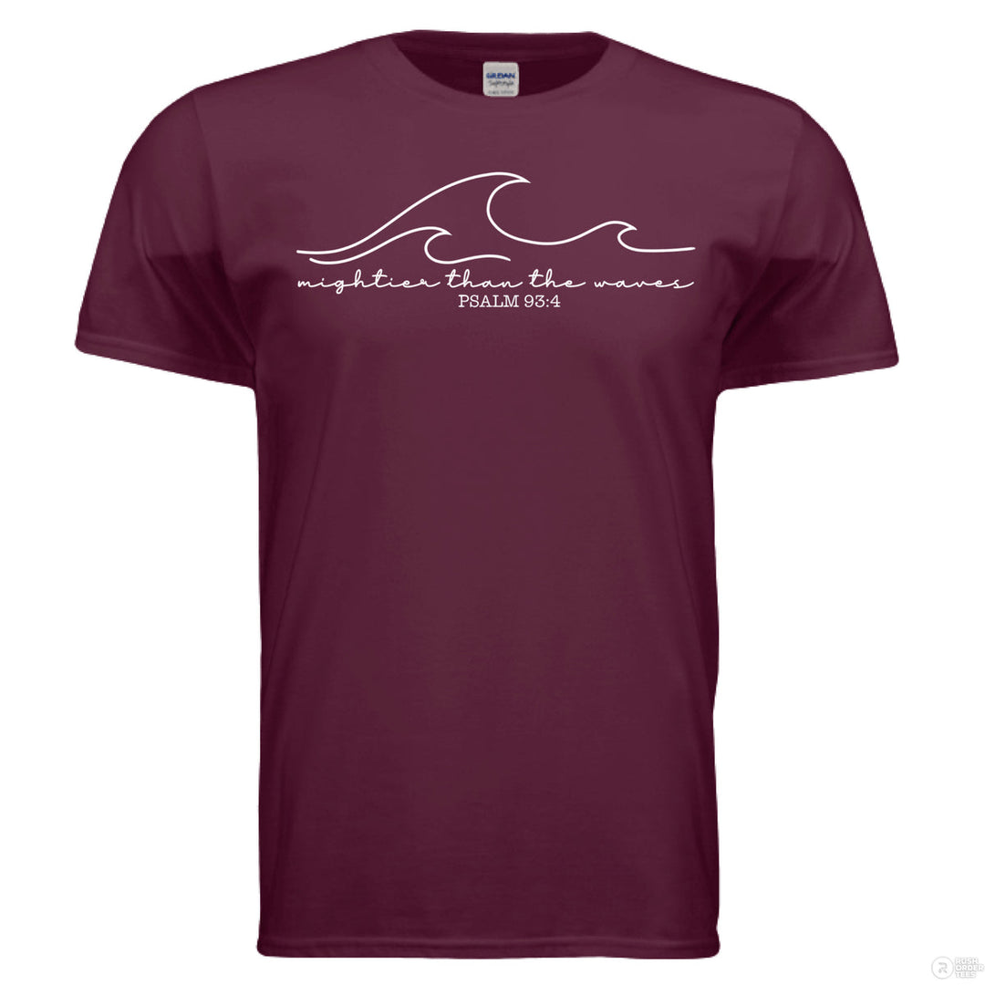 Maroon shirt with minimalist white wave graphic and Psalm 93:4 verse reading “Mightier than the waves” in handwritten script.