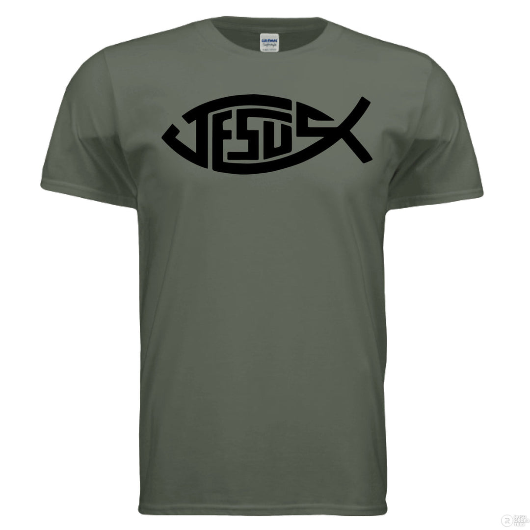 Military green Christian t-shirt featuring a bold black ichthys fish design with the word “Jesus” stylized inside the shape