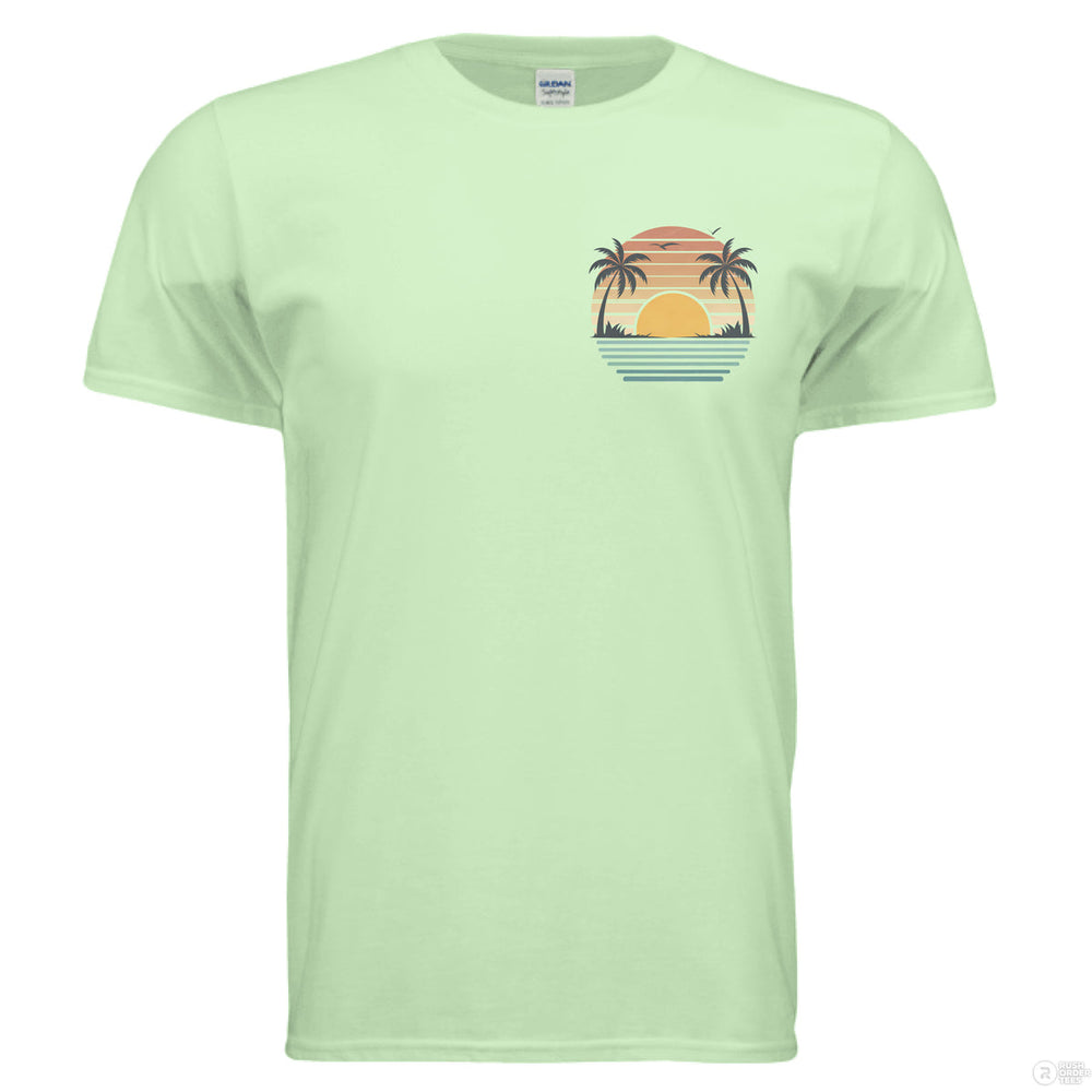 Mint green Christian t-shirt with small front graphic and large back design featuring palm trees, ocean, and ‘Stay Salty – Matthew 5:13’