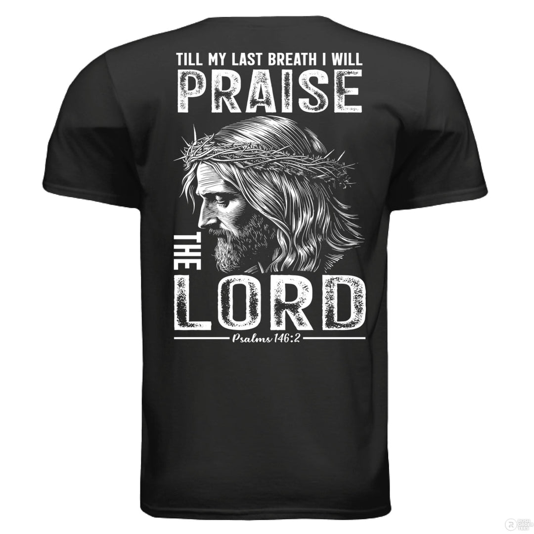 Black Christian t-shirt with front cross graphic and large back design of Jesus crowned with thorns and ‘Praise the Lord’ – Psalms 146:2