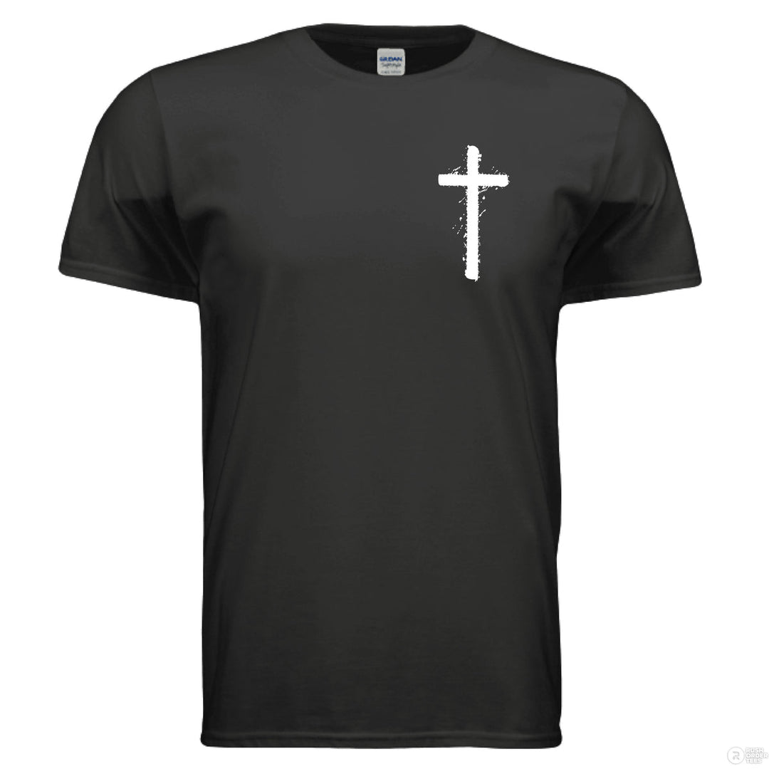 Black Christian t-shirt with front cross graphic and large back design of Jesus crowned with thorns and ‘Praise the Lord’ – Psalms 146:2