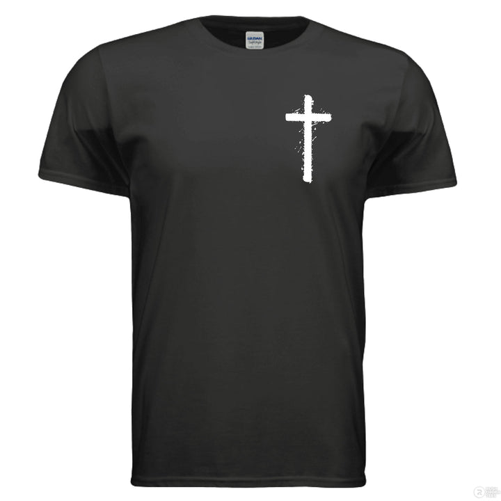 Black Christian t-shirt with front cross graphic and large back design of Jesus crowned with thorns and ‘Praise the Lord’ – Psalms 146:2