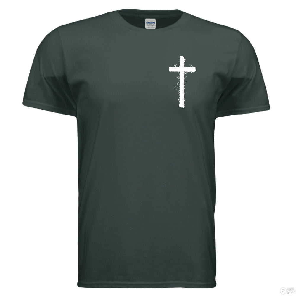 Forest green Christian t-shirt with front cross graphic and large back design of Jesus crowned with thorns and ‘Praise the Lord’ – Psalms 146:2