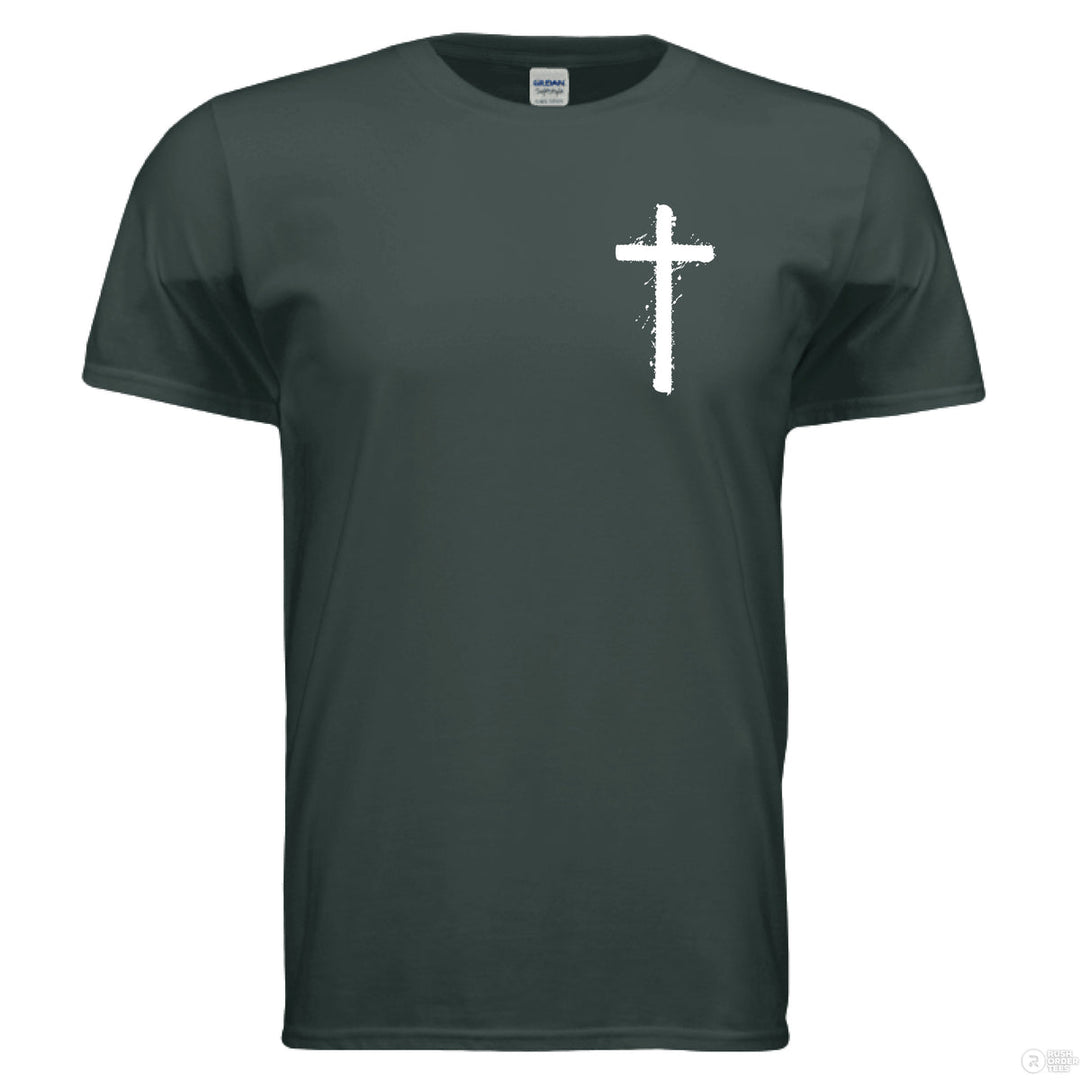 Forest green Christian t-shirt with front cross graphic and large back design of Jesus crowned with thorns and ‘Praise the Lord’ – Psalms 146:2