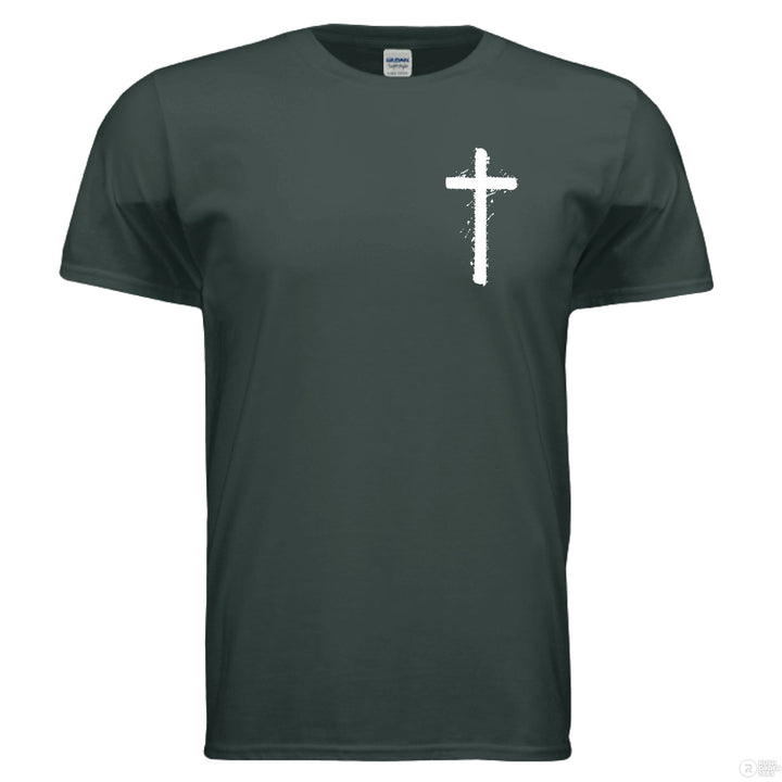 Forest green Christian t-shirt with front cross graphic and large back design of Jesus crowned with thorns and ‘Praise the Lord’ – Psalms 146:2