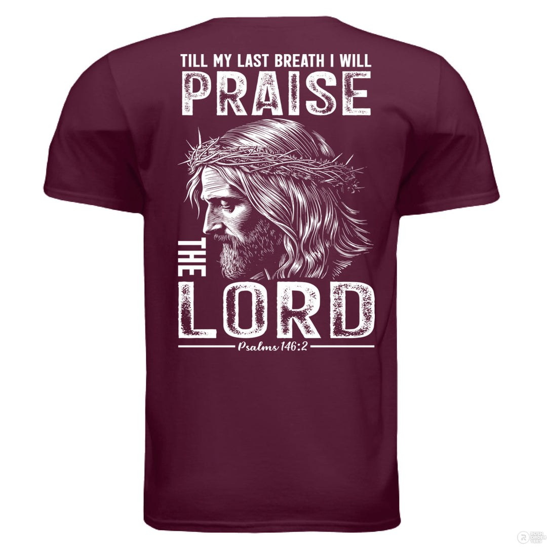 Maroon Christian t-shirt with front cross graphic and large back design of Jesus crowned with thorns and ‘Praise the Lord’ – Psalms 146:2