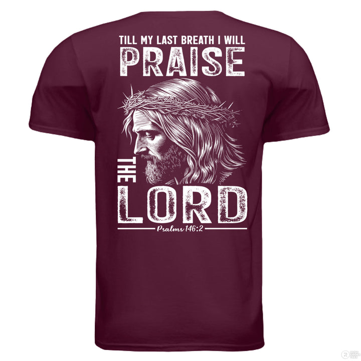 Maroon Christian t-shirt with front cross graphic and large back design of Jesus crowned with thorns and ‘Praise the Lord’ – Psalms 146:2