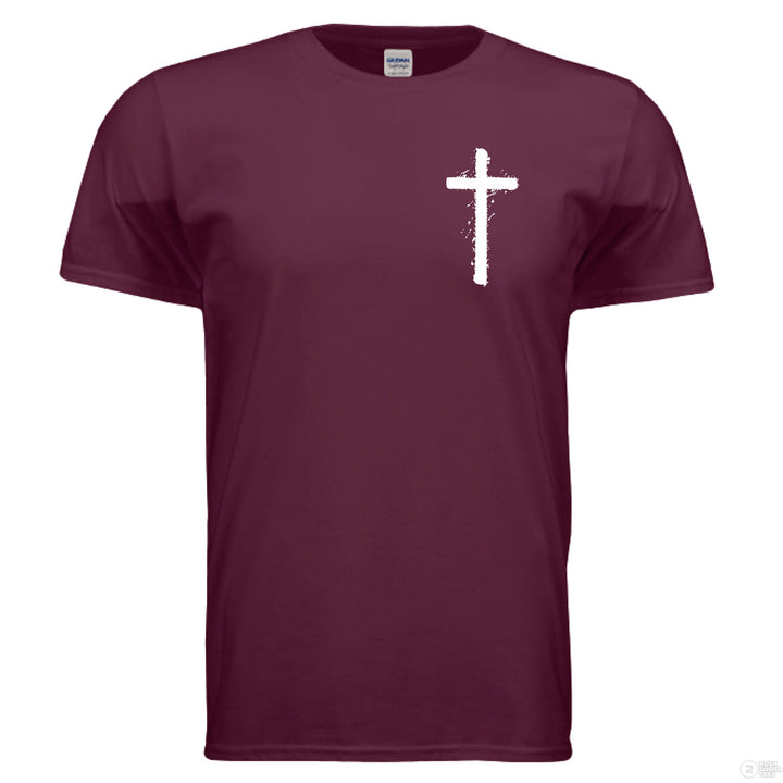 Maroon Christian t-shirt with front cross graphic and large back design of Jesus crowned with thorns and ‘Praise the Lord’ – Psalms 146:2