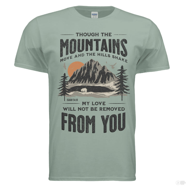 Sage green shirt with a bold mountain and forest design, sunset in background, and Isaiah 54:10 — “My love will not be removed from you” in vintage text.