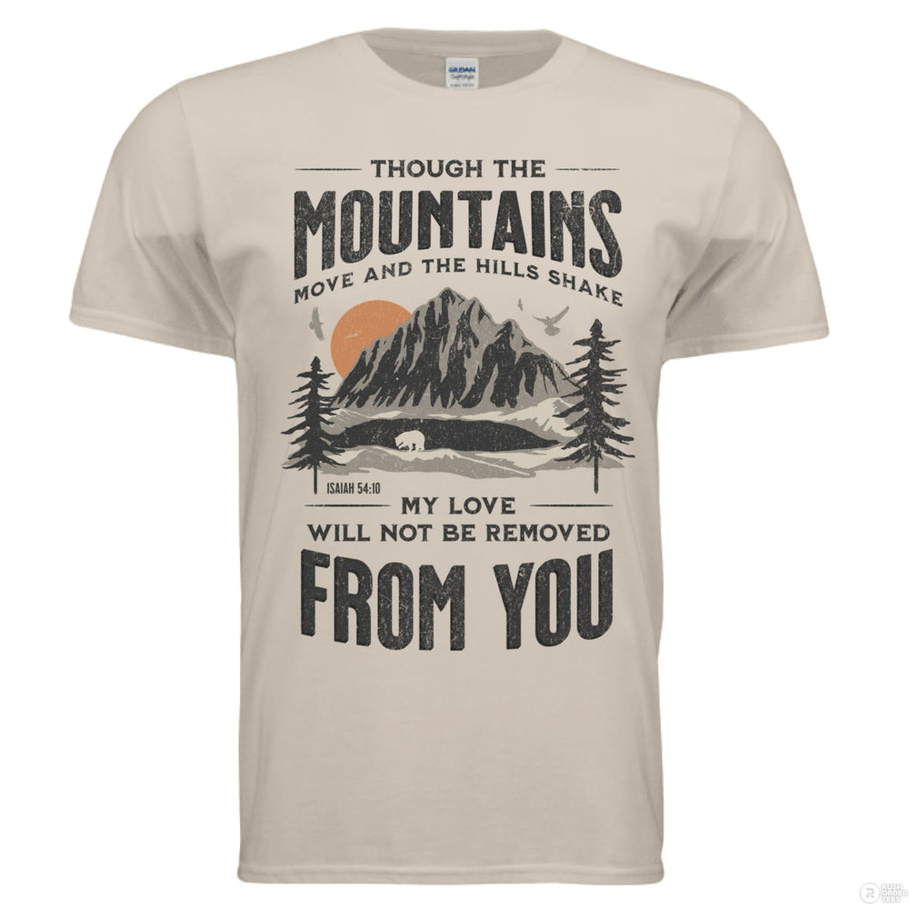 Sand shirt with a bold mountain and forest design, sunset in background, and Isaiah 54:10 — “My love will not be removed from you” in vintage text.