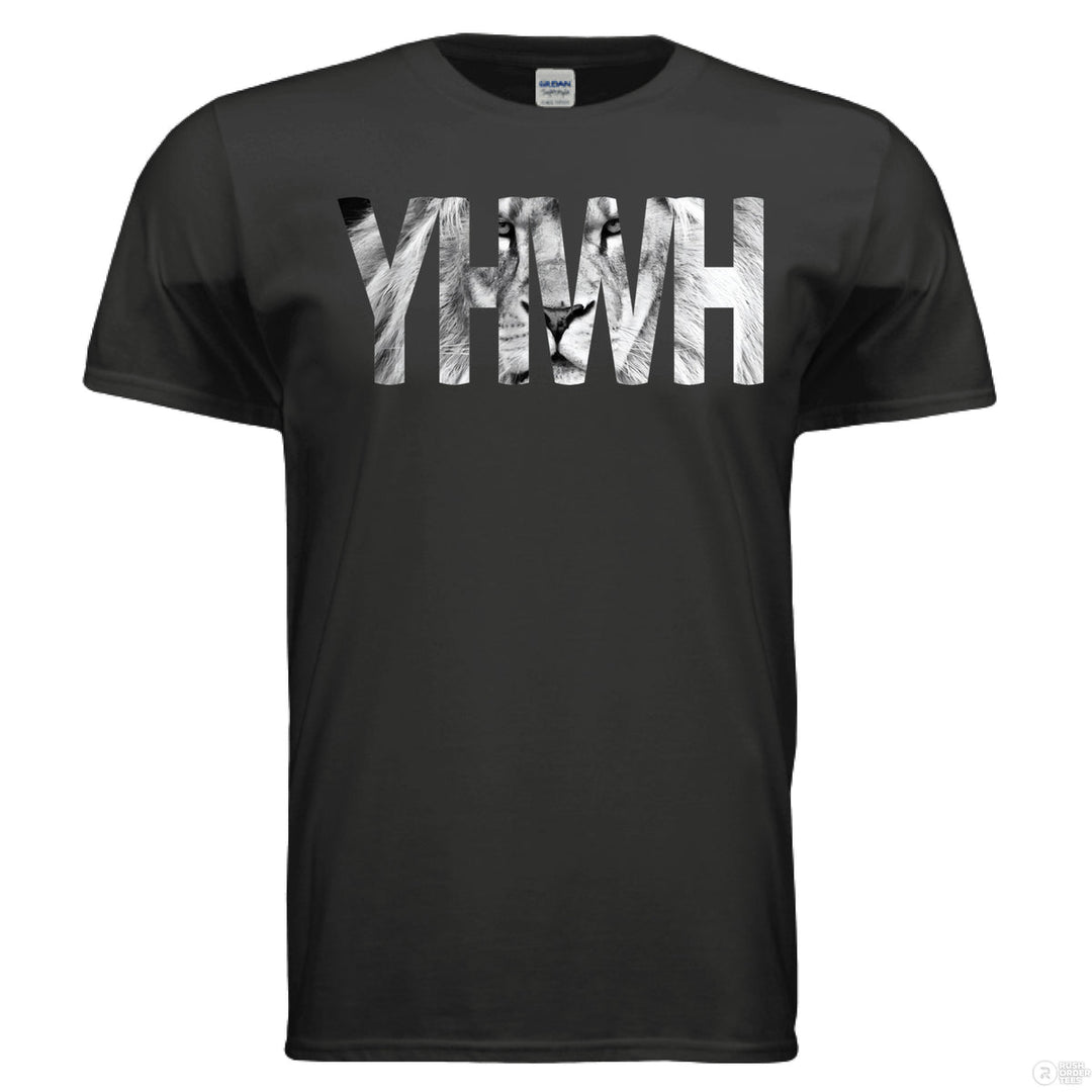 Black shirt featuring bold “YHWH” text filled with the realistic black and white image of a lion’s face, symbolizing the Lion of Judah and God's power.