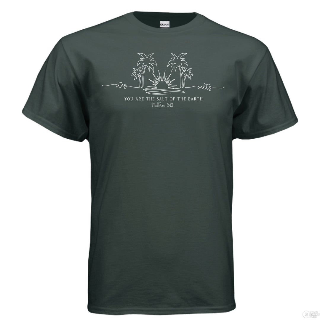 Forest green Christian t-shirt with white palm tree and wave design and the text ‘You are the salt of the earth – Matthew 5:13’